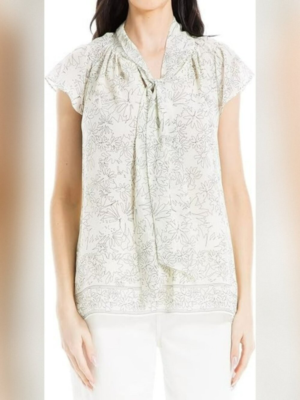 Max Studio Georgette Flutter Sleeve Front Tie Blouse Ivory/Black Floral Size L